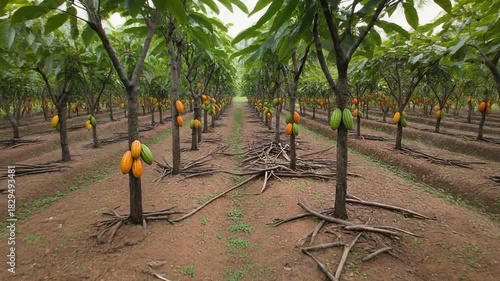 Freshly pruned cacao orchard aerial dolly-in