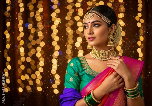 Elegant Indian Woman in Traditional Silk Sari and Gold Jewelry with Festive Bokeh Lights.