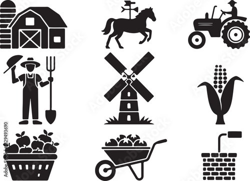Farming and Agriculture Icon Set Simple Silhouette Style
