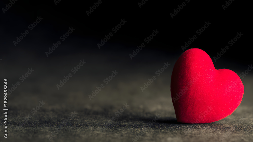 Fototapeta premium adoration. A red heart symbol stands out against a textured black background with a warm glow. wellbeing guides, coaching materials, designed for coaching and self-improvement content.