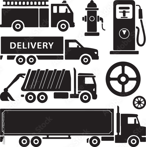 Set of Transportation Vehicle Car Fire Engine Truck Garbage Illustration