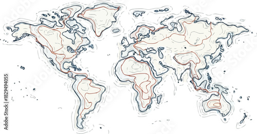 World Map Contour Lines Showing Topography and Elevation Changes Detailed Global Geographic Representation