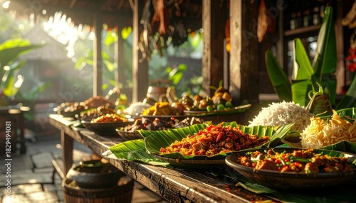 Indonesian Warung with Traditional Food Display and Banana Leaf Presentation
