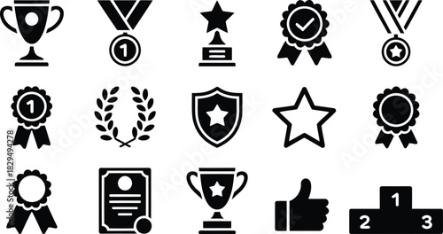 An extensive range of fifteen black silhouette icons illustrating symbols of victory, honor, and distinguished success