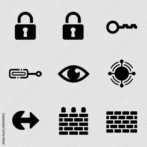 Set of nine black icons representing security, privacy, and access control concepts on