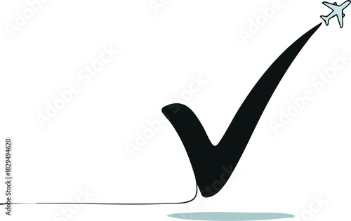 Travel Checkmark with Airplane One continuous line for successful journey completion and adventure planning