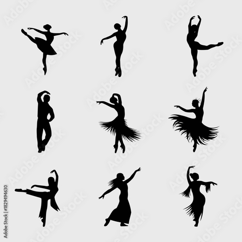 Nine black silhouette dancers in various ballet poses on