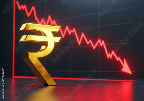 Fototapeta Naklejka Na Ścianę i Meble -  Golden Indian Rupee Symbol Falling on Red Downward Trend Graph Representing Economic Decline.
