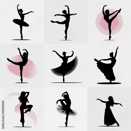 Silhouettes of ballet dancers in various graceful poses isolated on