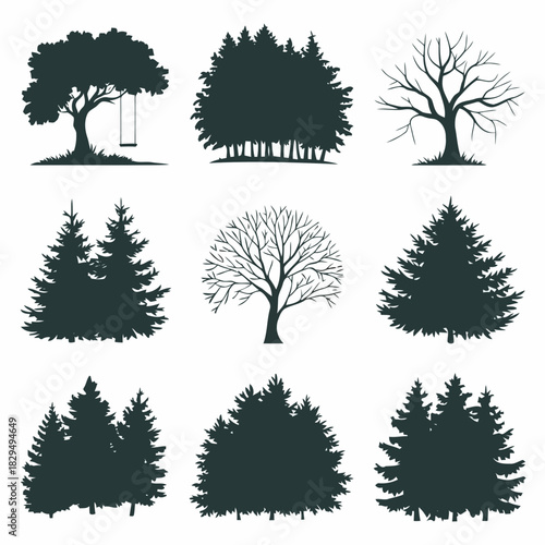 Nine different types of trees with various shapes and sizes, including a tree with a swing, isolated on