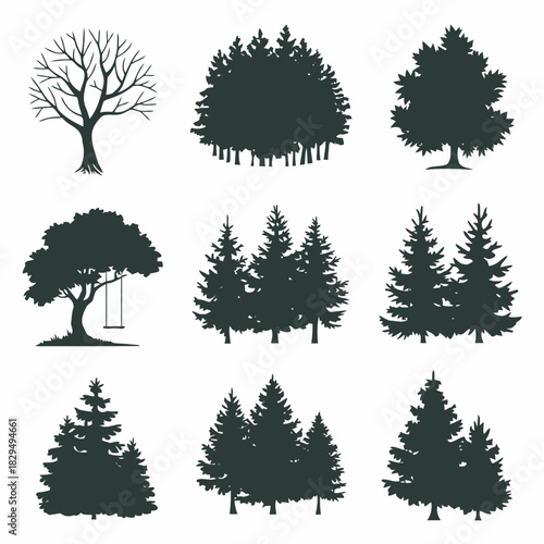 Set of nine different types of trees with bare branches and full foliage in black silhouette style