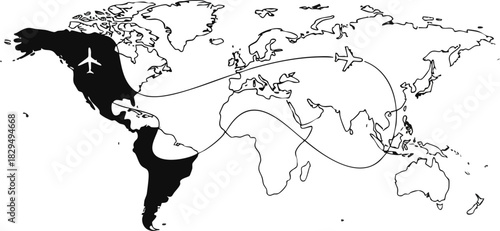 Global Travel Routes Depicted on a World Map with an Airplane Icon and a Continuous Line Illustrating a Journey
