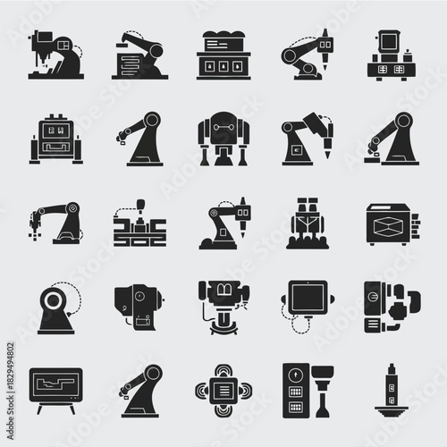 Set of various industrial robots and machinery icons in black and white vector style