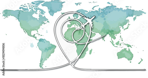 Continuous Line Art Airplane's Global Route Map with Seamless Travel Path