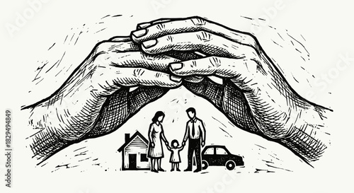 Insurance, Safety and Security Concept. Hands Protecting Family, House and Car - vintage Woodcut Engraving and Vector Illustration.