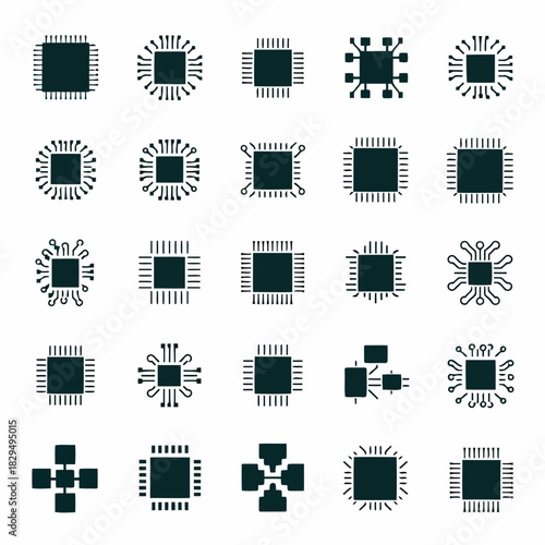 Collection of various electronic circuit board and chip icons in a grid pattern, isolated on