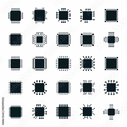 Collection of various black and white microchip and integrated circuit designs arranged in a grid pattern