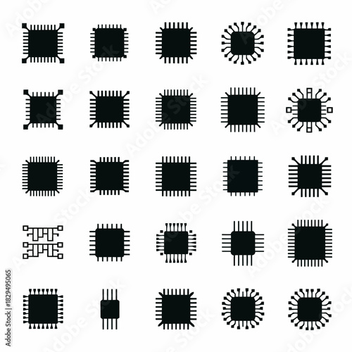Collection of various integrated circuit chips and microprocessors in black and white