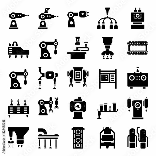 Collection of various industrial robots and machinery icons in a monochrome style