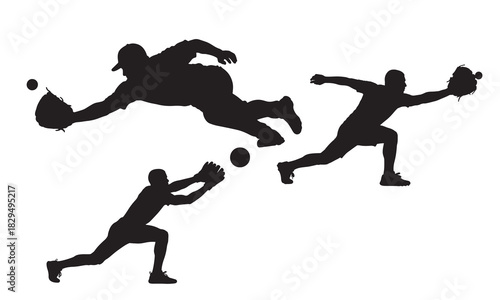 Dynamic baseball players in action silhouette against white background