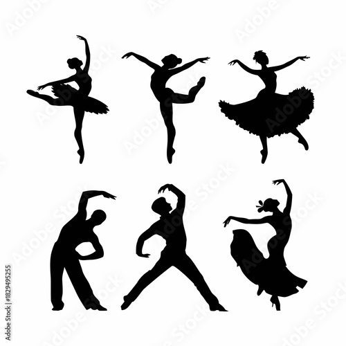 Silhouettes of ballet dancers in various poses, showcasing grace and elegance, isolated on