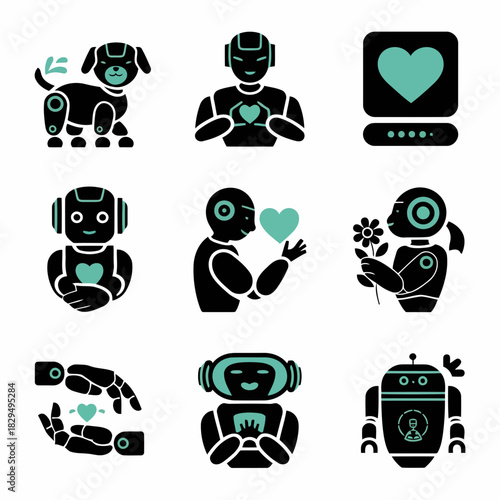 Set of nine icons featuring robots, dogs, and hearts in a minimalist style, representing friendship and technology