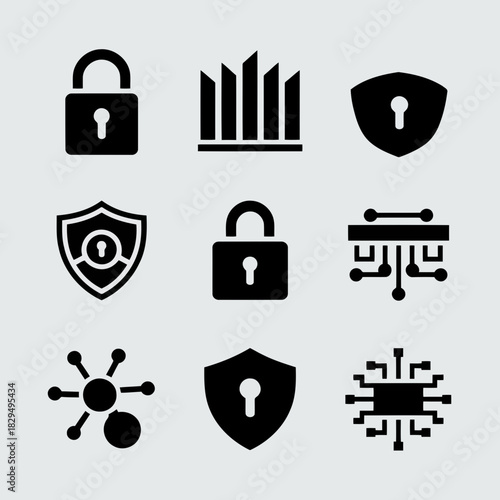 Set of nine black icons representing security, protection, and cybersecurity concepts, including locks, shields, and digital security elements