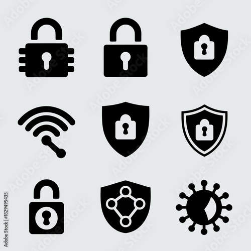 Set of nine black icons representing security, protection, and network connectivity on a