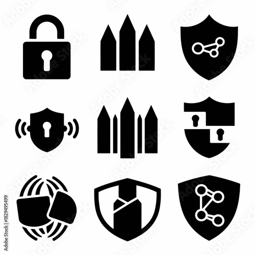 Set of nine black and white icons representing security, protection, and technology concepts