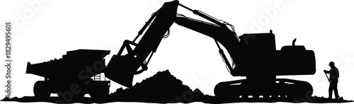 Heavy Construction Excavator Loading Dirt into a Large Dump Truck Silhouette, Industrial Black Vector Graphic with Worker for Mining or Quarry Design