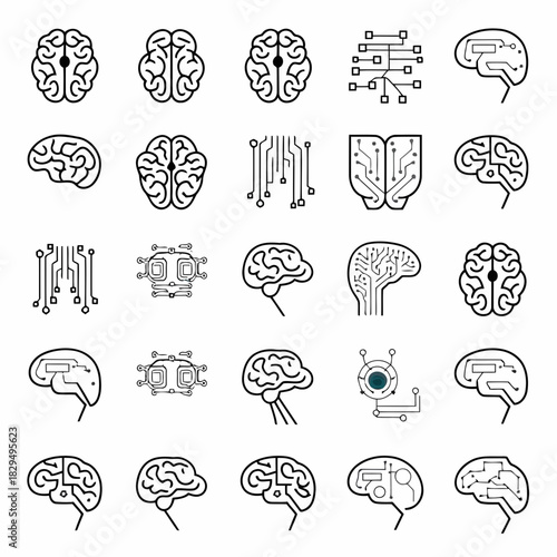 Collection of various brain and neural network icons in a minimalist line art style, showcasing different perspectives and designs