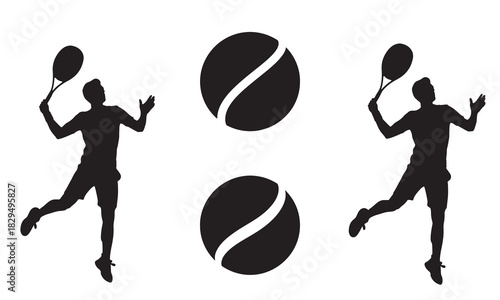 Dynamic tennis players in action silhouette with tennis balls and ai logo