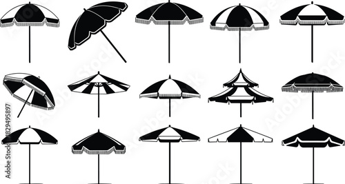 “Collection of beach umbrella and parasol silhouettes in various styles, detailed vector illustration set for summer themes, outdoor shading designs, and vacation projects”