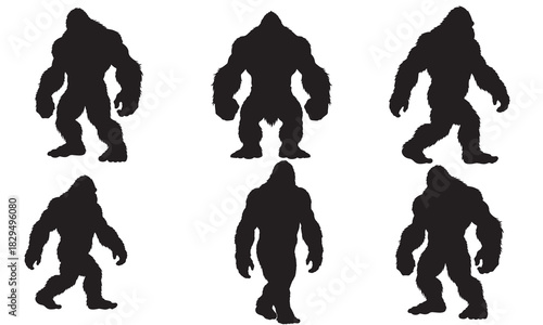 Collection of bigfoot creature silhouettes in various poses for graphic design illustration silhouette