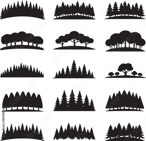 Silhouetted Tree and Forest Collection Variety of Deciduous and Evergreen Trees