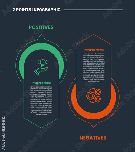Comparison choice infographic process diagram with half circle round up and down with outline style vector, 2 stage infographics points with Positives and Negatives concept