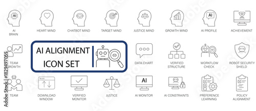 AI Alignment line icon set for responsible artificial intelligence, machine learning ethics, policy, and workflow check. Modern vector graphics for tech-focused projects.