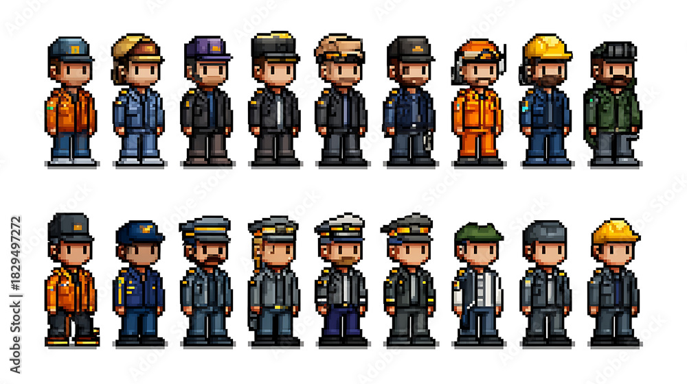 Naklejka premium Creative Pixel Art Professionals with Diverse Uniform Roles & Annotation Bar.