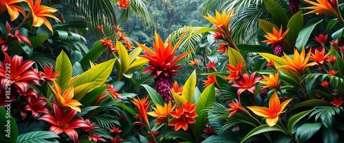 Vibrant jungle scene with colorful foliage and exotic flowers,  image,  stock photo