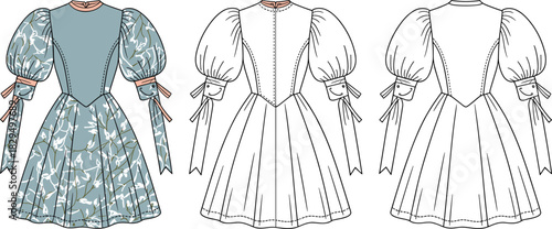 Puff sleeve floral dress fashion sketch, front and back view, flat vector, CAD drawing, apparel design illustration