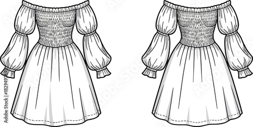 Off-the-shoulder puff sleeve dress sketch, front and back view, flat vector, CAD drawing, apparel design illustration