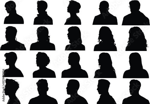 Silhouettes of diverse human head profiles, black figures with unique hairstyles and shapes, identity concept, minimalist design, visual diversity