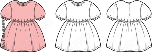 Puff sleeve dress multi-view fashion sketch, front and back illustration, flat vector, CAD drawing, apparel design template