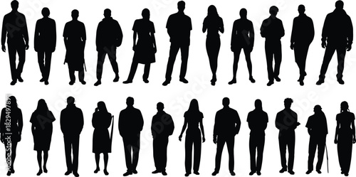 Silhouettes of diverse standing individuals, black human figures in various poses, fashion and posture design, artistic identity concept Silhouettes of diverse 