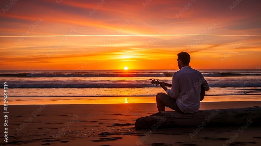 Fototapeta premium Man playing acoustic guitar on a sandy beach at a breathtaking ocean sunset, vibrant sky over gentle waves, peaceful evening scene, tranquil coastal landscape.
