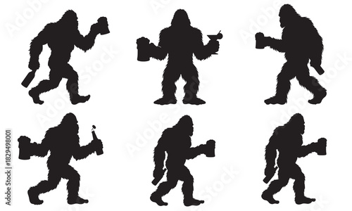 Collection of bigfoot silhouettes holding beer mugs and bottles