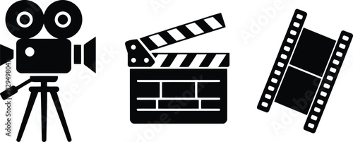 Collection of film industry symbols featuring a vintage movie camera, an open clapper, and a diagonal film reel
