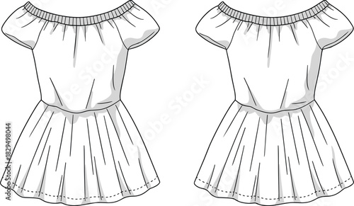 Elegant off-shoulder white dress fashion sketch, pleated skirt design, garment illustration, apparel template, cad drawing flat vector illustration