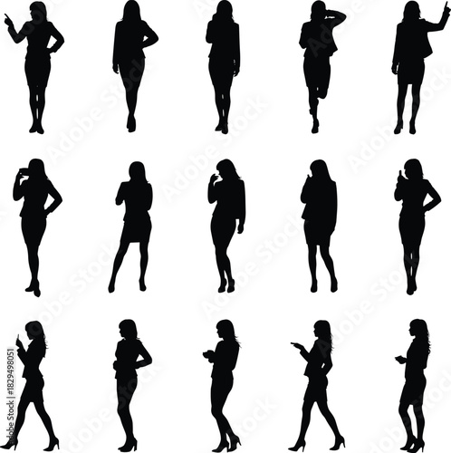 Black female business silhouettes, standing poses, gesture variety, professional attire, body language, fashion design, posture study, character modeling, illustration
