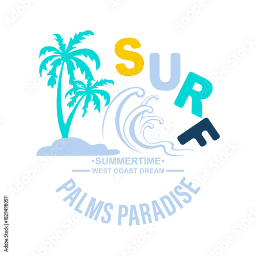 Colorful tropical surf design featuring palm trees, ocean waves, and playful typography. A bright summertime illustration perfect for beach-themed prints, apparel, and vacation graphics.
